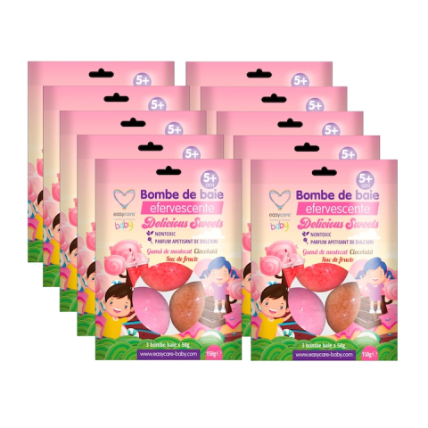 Ingrijire personala - Set 10 x Bombe de baie efervescente, aroma de ciocolata, guma de mestecat si suc de fructe, 30 buc