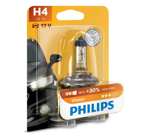 Becuri si sigurante auto - Bec auto cu halogen pentru far Philips H4 Vision, +30%, 12V, 55W, 1 Buc