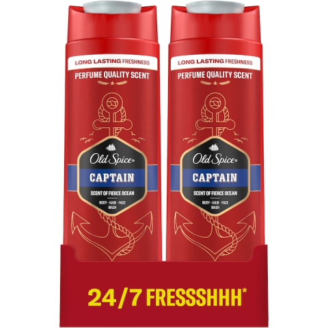 Gel de dus - Set 2 x Gel de dus si sampon 3-in-1 Old Spice Captain pentru corp, par si fata, 2 x 400 ml