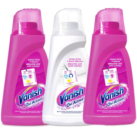 Detergent rufe - Set 3 solutii curatat pete, Vanish, 2 x Oxi Action Pink 1 L, 1 x Oxi Action Crystal White 1 L