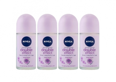 Deodorante si antiperspirante - Set 4 x Deodorant Roll-On Nivea Woman 50ml, Double Effect, Anti-urme albe, revirgorant, prospetime de durata, protectie 48h
