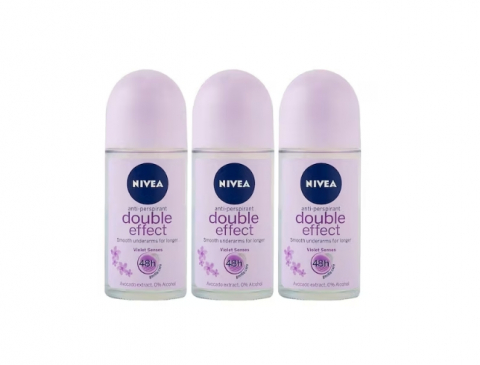 Deodorante si antiperspirante - Set 3 x Deodorant Roll-On Nivea Woman 50ml, Double Effect, Anti-urme albe, revirgorant, prospetime de durata, protectie 48h