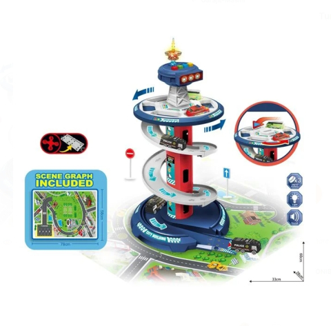 Jucarii baieti - Garaj Auto Pista Circulara cu Turn de Control cu Sunet & Lumini 1:64 - 26 piese