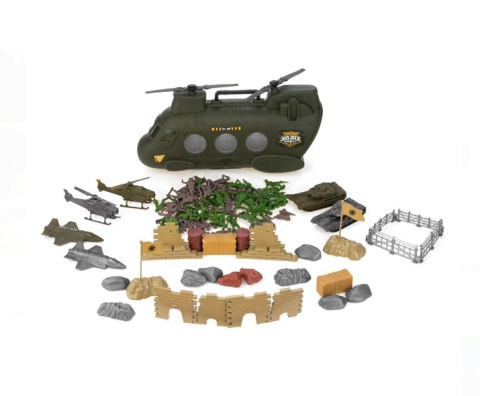 Jucarii baieti - Set Militar cu Elicopter Vehicule & Soldati - 100 piese