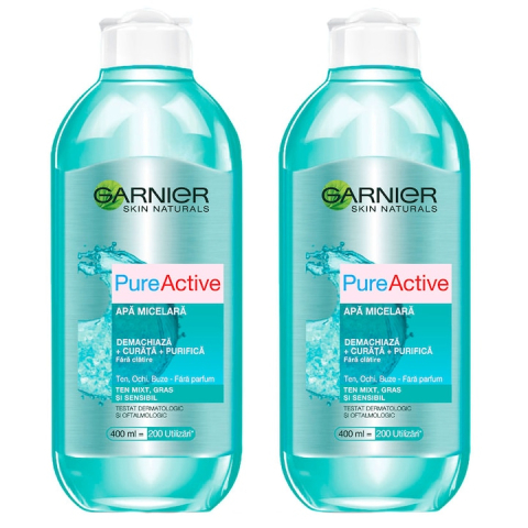 Ingrijire personala - Set Garnier Skin Naturals: 2x Apa micelara Pure Active pentru ten mixt, gras si sensibil, 400 ml
