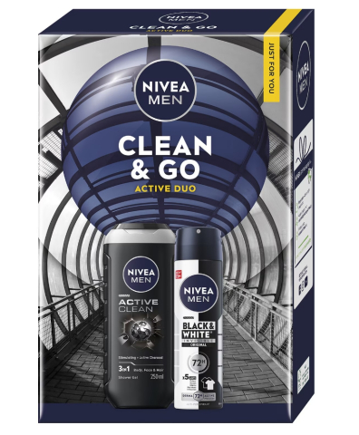 Seturi Cadou - Set: Gel de dus NIVEA MEN Active Clean 250 ml + Deodorant Spray NIVEA MEN Invisible Black & White 150 ml