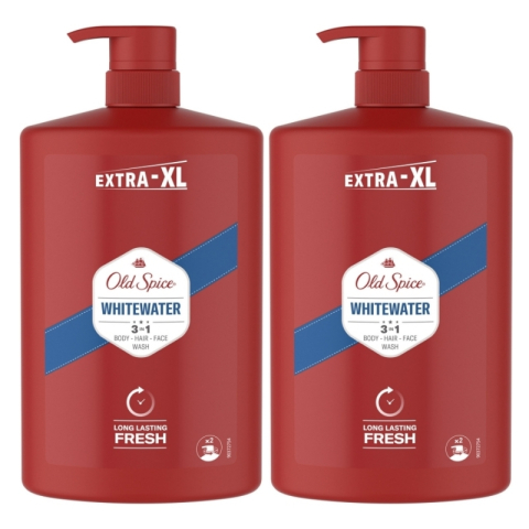 Gel de dus - Set gel de dus si sampon 3 in 1 Old Spice WhiteWater pentru corp, par si fata, 2 x 1000 ml