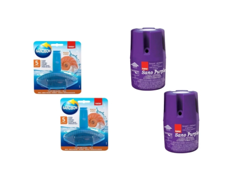 Produse Curatenie - Set Sano Variety 4 x Componente, 2 x Odorizant Wc 55G Peach, 2 x Odorizant Wc Bazin 150G Purple