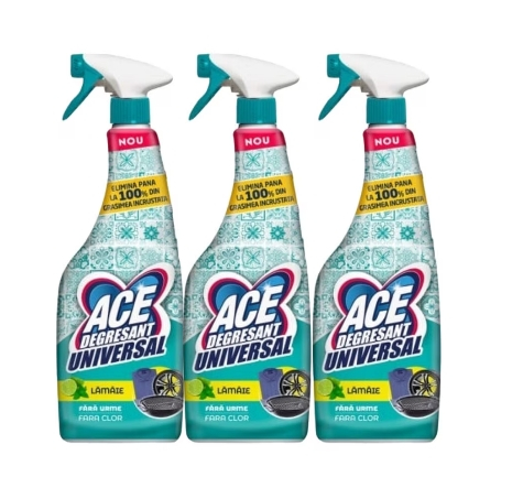 Solutie suprafete - Set 3x Ace Solutie Spray Degresant Universal 650ml Lamaie, fresh aroma, parfum floral, distruge calcarul.