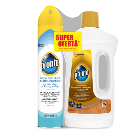 Solutie suprafete - Spray Ingrijire si curatare suprafete multiple Pronto, 300ml + Detergent Pronto Lemn curat, 750ml