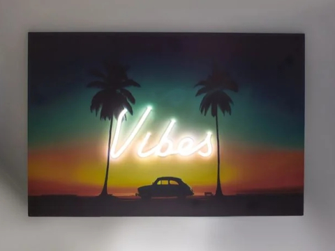Lampi cu LED - Tablou din Lemn cu LED Neon Model Apus de Soare Vibes 60x40cm