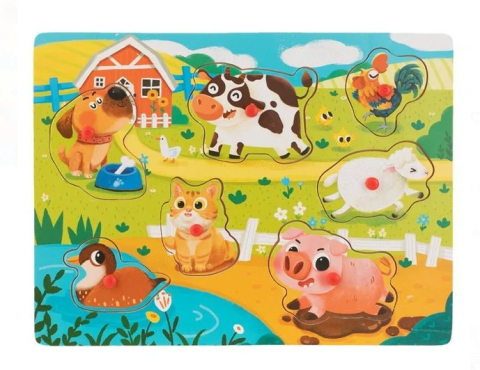 Jucarii interactive din lemn - Puzzle Incastru din Lemn Animale Ferma (7 piese) - 30x22.5cm