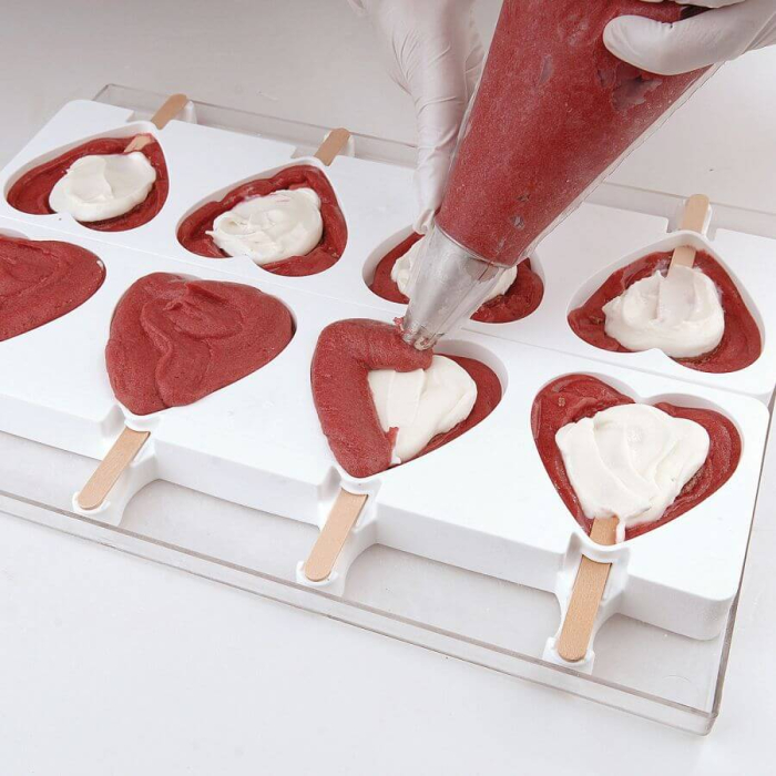 Set 2 Forme Silicon Inghetata x 4 Cavitati + 50 Bastonase + Tavita (Gel03 Heart IC), 9.1 x 8.5 x H2.3cm, 96ml, Silikomart [2]