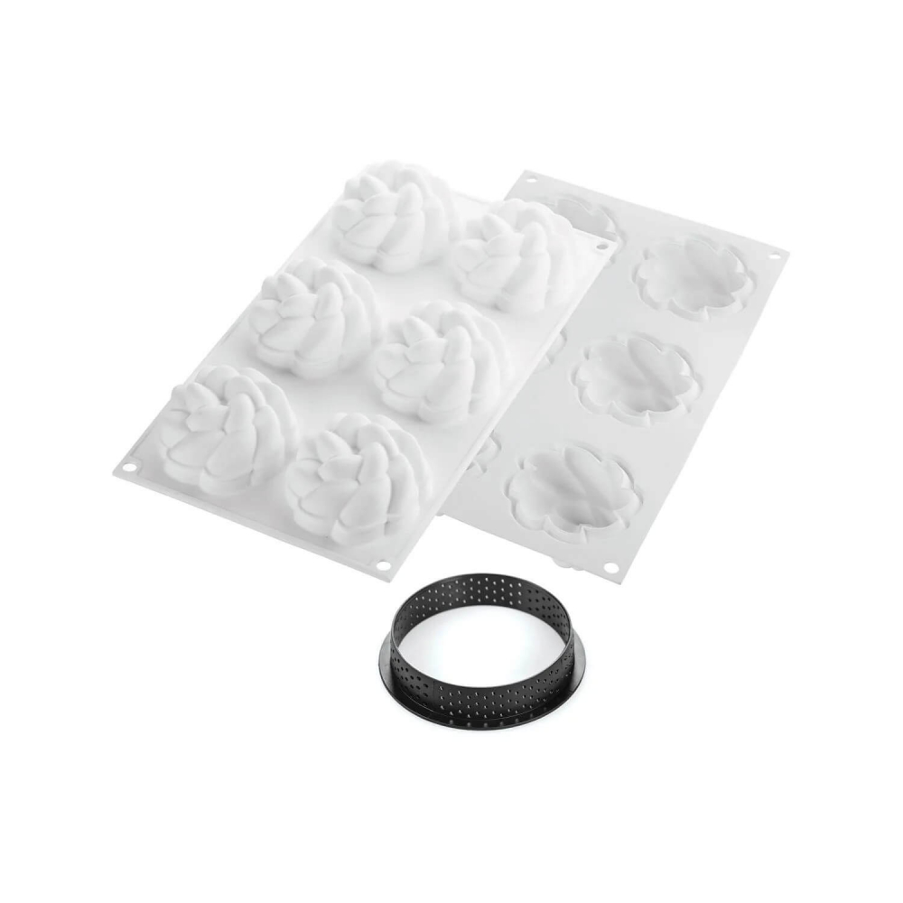 Set Forma Silicon Tarte Fleur 6 Cavitati, D7.4 x H3.5cm, 90ml + 6 Rame Microforate D8 x H2cm, Silikomart [2]