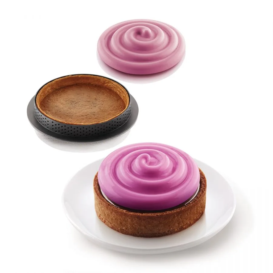 Valentine's Day - Set Forma Silicon Tarte Twist 6 Cavitati D7 x H2.5cm, 53ml + 6 Rame Microforate D8 x H2cm, Silikomart