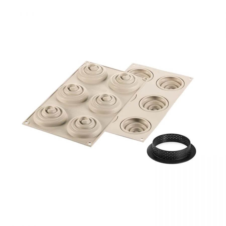 Set Forma Silicon Tarte Twist 6 Cavitati D7 x H2.5cm, 53ml + 6 Rame Microforate D8 x H2cm, Silikomart [2]