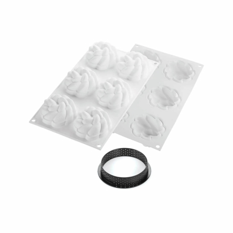 Set Forma Silicon Tarte Fleur 6 Cavitati, D7.4 x H3.5cm, 90ml + 6 Rame Microforate D8 x H2cm, Silikomart [1]