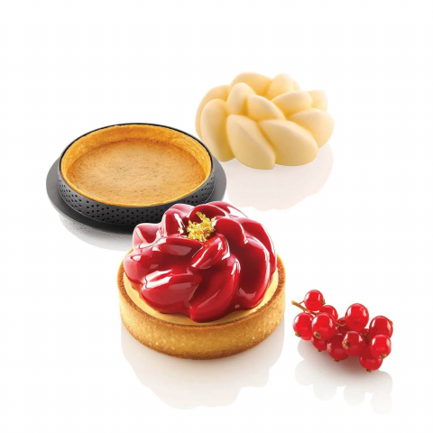 Forme Silicon Tarte - Set Forma Silicon Tarte Fleur 6 Cavitati, D7.4 x H3.5cm, 90ml + 6 Rame Microforate D8 x H2cm, Silikomart