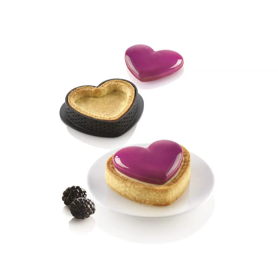 Forme Silicon Tarte - Set Forma Silicon Tarte Inima 8 Cavitati 6.6 x 5.5 x H1.5cm, 31ml + 8 Rame Microforate 7.8 x 6.8 x H2cm, Silikomart