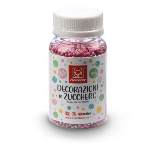 Perle din Zahar - Perle Zahar Mixte Roz si Argintiu, Marimi Diferite, 100g, Modecor