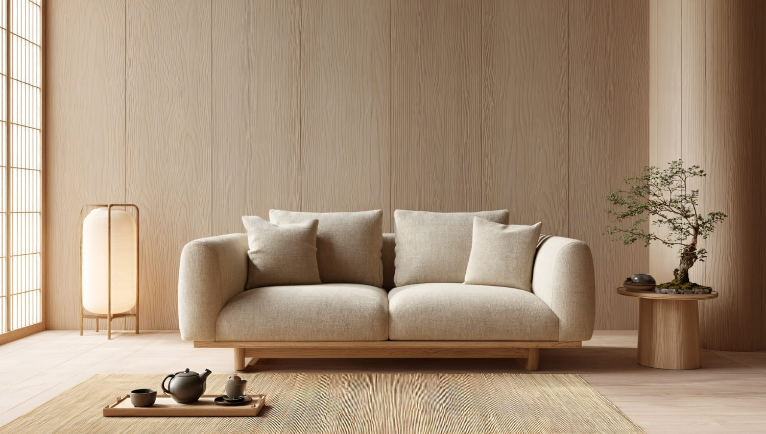 perete lambrisat, canapea, corp de iluminat, lampadar, planta, masuta cafea, covor