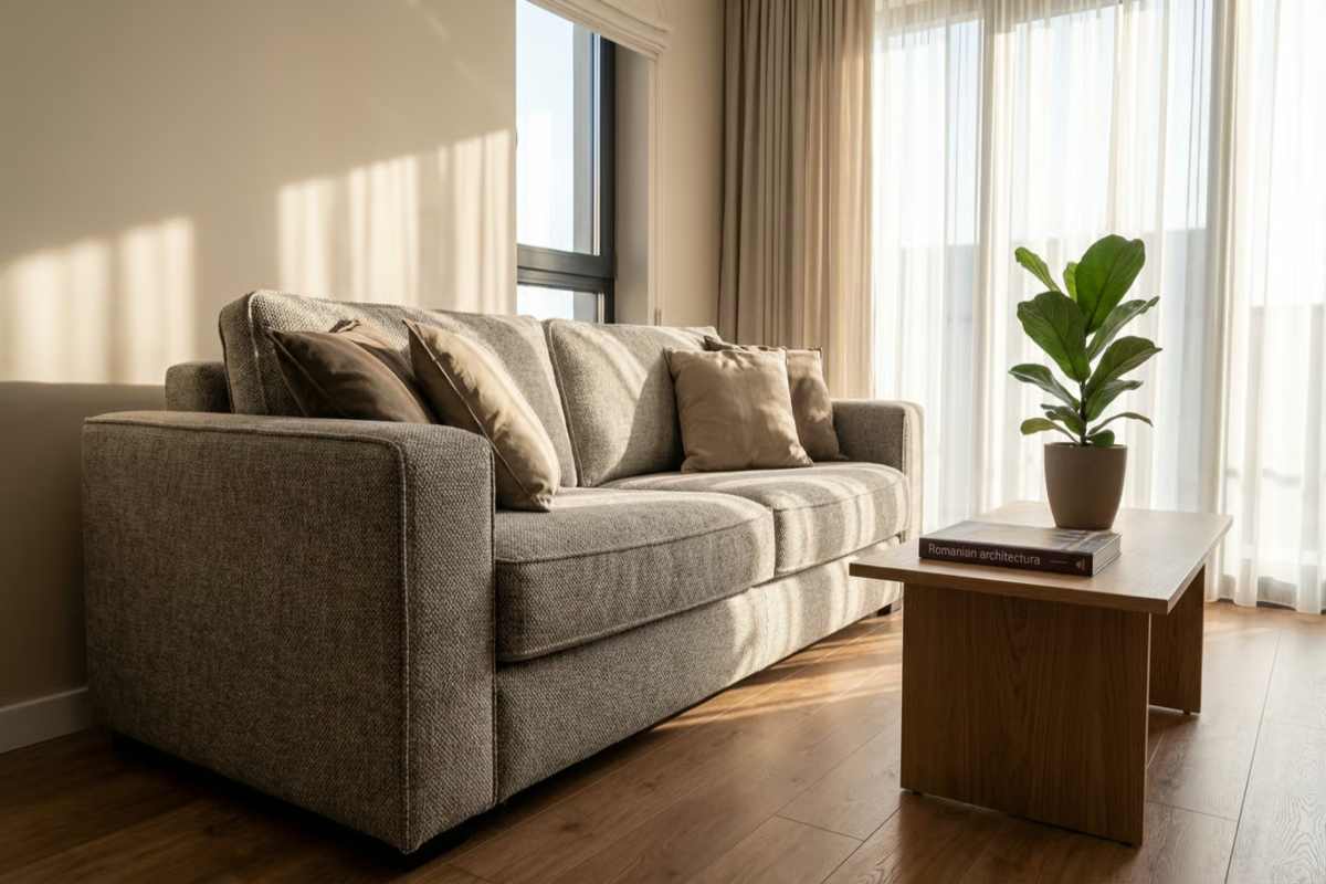 canapea, masuta cafea, planta, vaza, perdea, fereastra, parchet