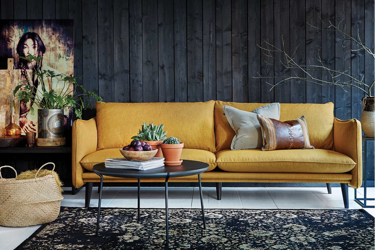 canapea, masuta cafea, perne deco, covor, tablou, plante, vaza, reviste, cos impletit, perete lambrisat