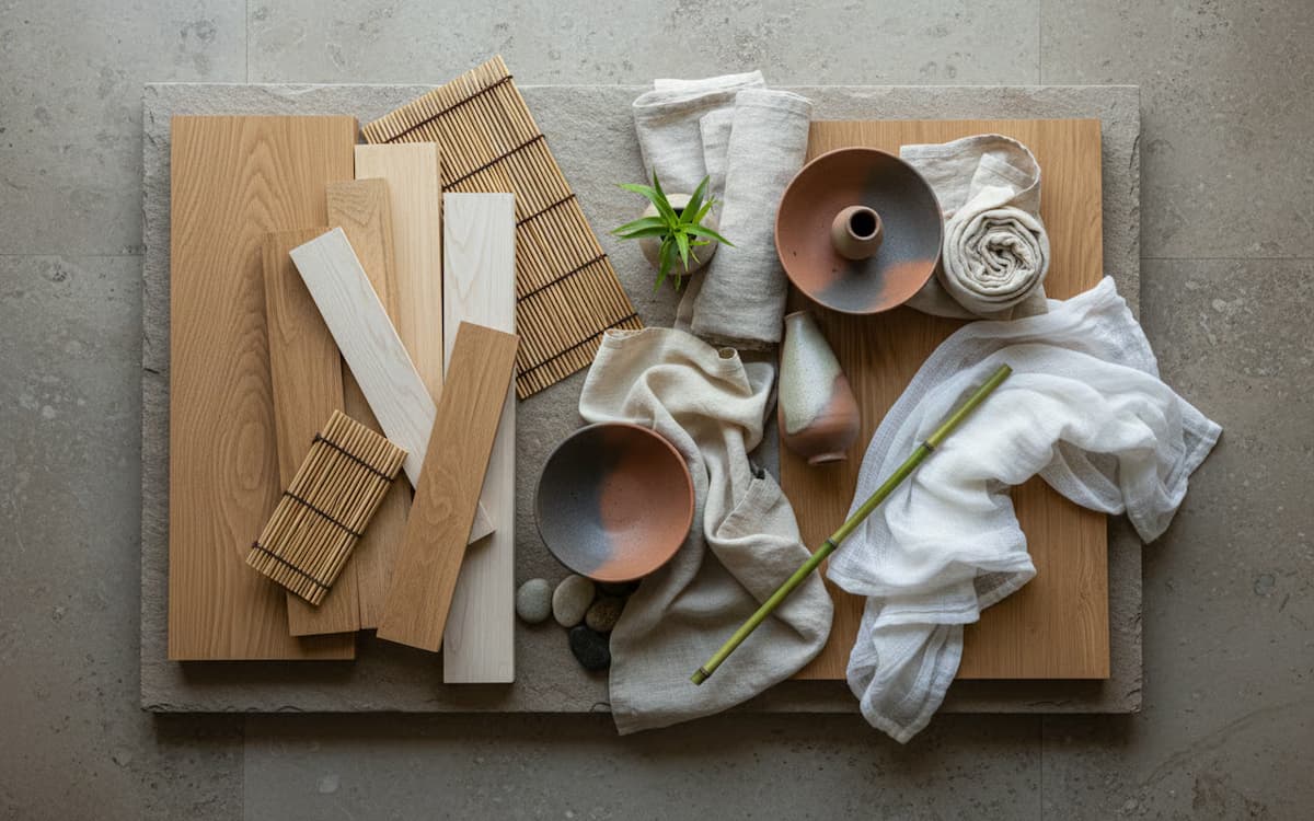 moodboard japandi, bambus, stejar, in, canepa, boluri, piatra, beton, ciment