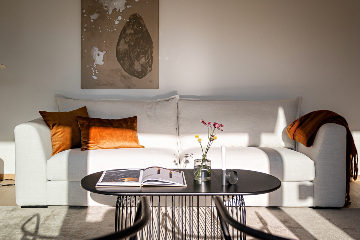 canapea, perne deco, masuta cafea, tablou, carte, obiecte deco, patura, covor, vaza, floare