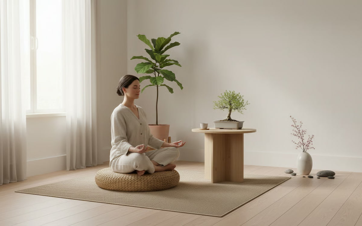 meditatie, covor, taburet tapitat, masuta, plante de interior, vaza, ghiveci, perdea, fereastra