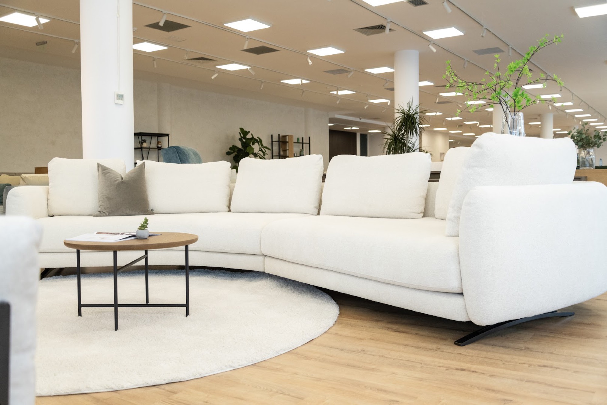Canapea curbată tapițată, expusă în showroom Cioata Băneasa