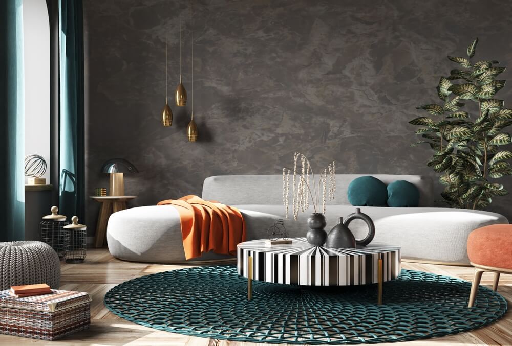 living, canapea, masuta cafea, covor, lampadare, planta, lampa, decoratiuni