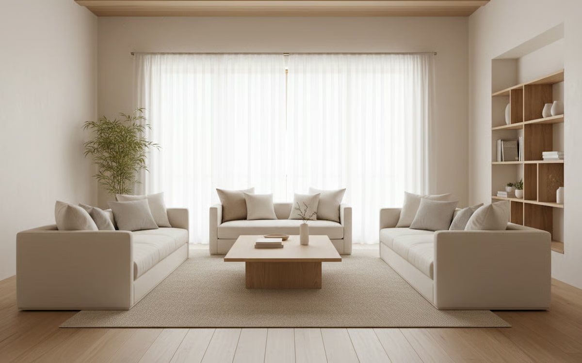 canapea, masuta cafea, covo, biblioteca, fereastra, perdea, planta, vaza, carti