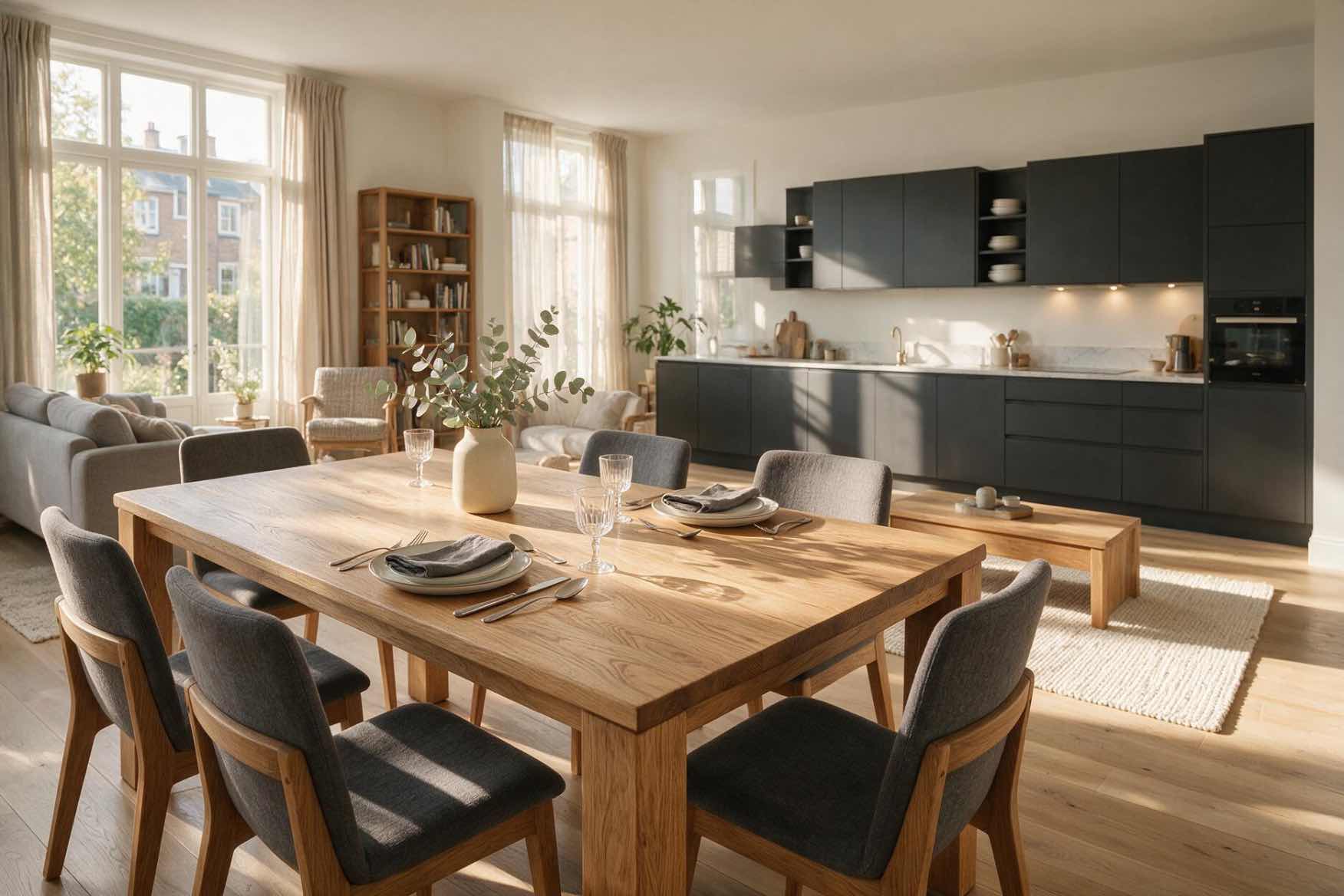 living, dining, open-space, masa dining, scaune, canapea, fotoliu, biblioteca, mobila bucatarie, lemn masiv, MDF melaminat, ferestre, covor, perdele, apartament, vaza, tacamuri, vesela