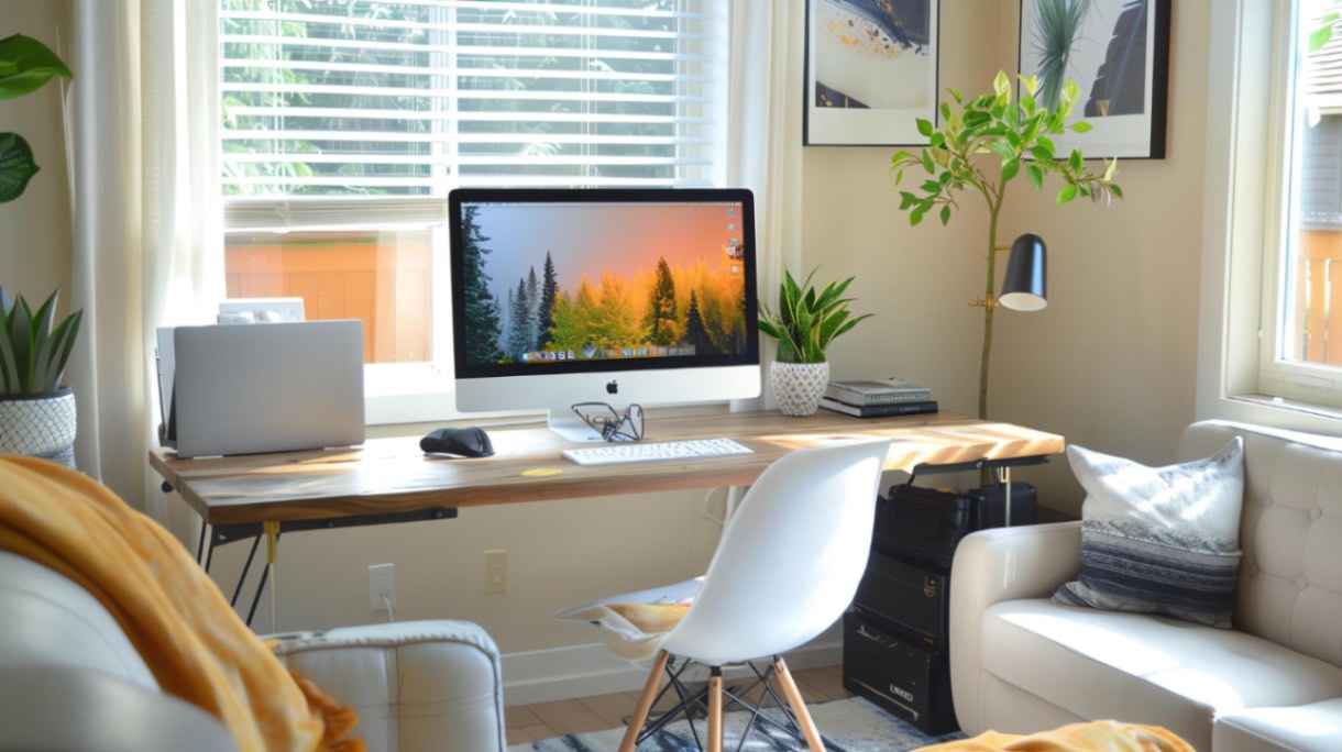 birou, living, monitor, Apple, PC, veioza, canapea, tablouri, planta, fereastra, scaun