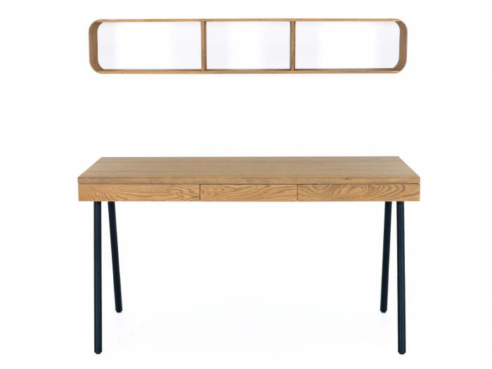 Birou 3 sertare Soho cu etajera de perete 140cm, lemn de stejar si otel, multiple finisaje disponibile, stil contemporan [4]