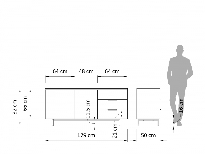 Bufet 2 usi 3 sertare Linea 179cm, lemn de stejar, picioare metalice, feronerie cu amortizare, multiple finisaje disponibile, stil contemporan [5]
