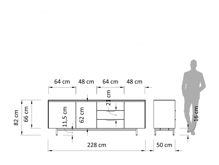 Bufet 3 usi 3 sertare Linea 228cm, lemn de stejar, picioare metalice, feronerie cu amortizare, multiple finisaje disponibile, stil contemporan [4]