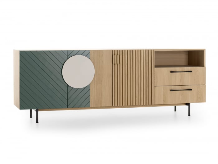 Bufet 3 usi 2 sertare 1 nisa Galla A 228cm, personalizabil, lemn de stejar, culori contrastante, ceramica, riflaj, picioare metalice, feronerie cu amortizare, stil contemporan [2]