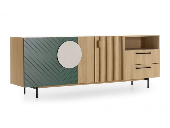 Bufet 3 usi 2 sertare 1 nisa Galla A 228cm, personalizabil, lemn de stejar, culori contrastante, ceramica, riflaj, picioare metalice, feronerie cu amortizare, stil contemporan [9]