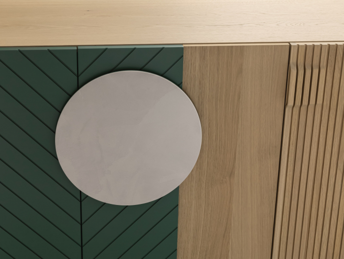 Bufet 3 usi 2 sertare 1 nisa Galla A 228cm, personalizabil, lemn de stejar, culori contrastante, ceramica, riflaj, picioare metalice, feronerie cu amortizare, stil contemporan [16]