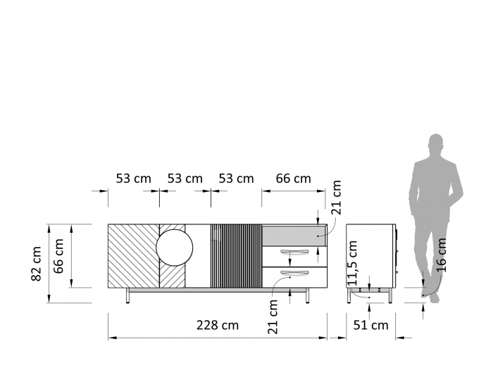 Bufet 3 usi 2 sertare 1 nisa Galla A 228cm, personalizabil, lemn de stejar, culori contrastante, ceramica, riflaj, picioare metalice, feronerie cu amortizare, stil contemporan [5]