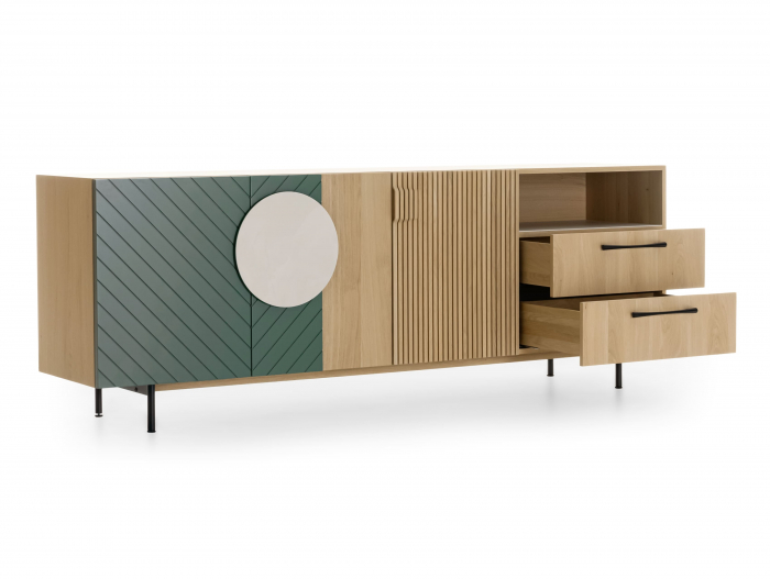 Bufet 3 usi 2 sertare 1 nisa Galla A 228cm, personalizabil, lemn de stejar, culori contrastante, ceramica, riflaj, picioare metalice, feronerie cu amortizare, stil contemporan [10]