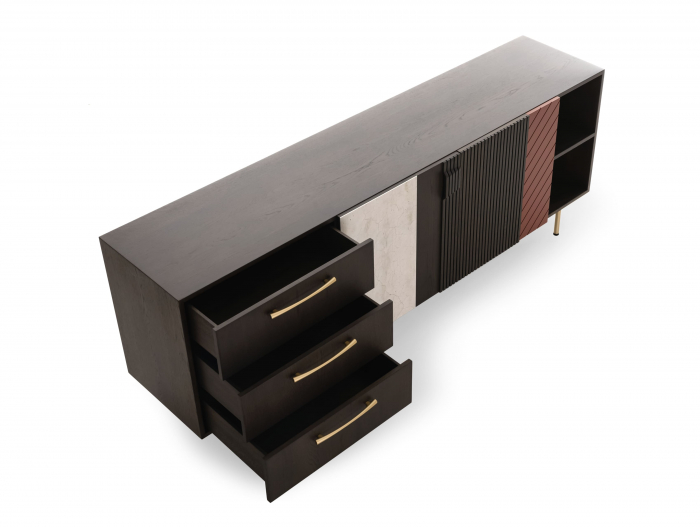 Bufet 2 usi 3 sertare 1 nisa Galla C 228cm, personalizabil, lemn de stejar, culori contrastante, ceramica, riflaj, picioare metalice, feronerie cu amortizare, stil contemporan [13]