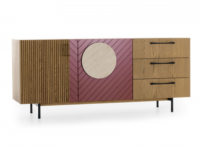 Bufet 2 usi 3 sertare Galla E 190cm, personalizabil, lemn de stejar, culori contrastante, ceramica, riflaj, picioare metalice, feronerie cu amortizare, stil contemporan [2]