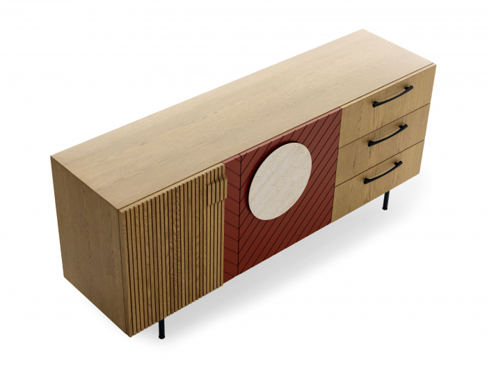 Bufet 2 usi 3 sertare Galla E 190cm, personalizabil, lemn de stejar, culori contrastante, ceramica, riflaj, picioare metalice, feronerie cu amortizare, stil contemporan [11]
