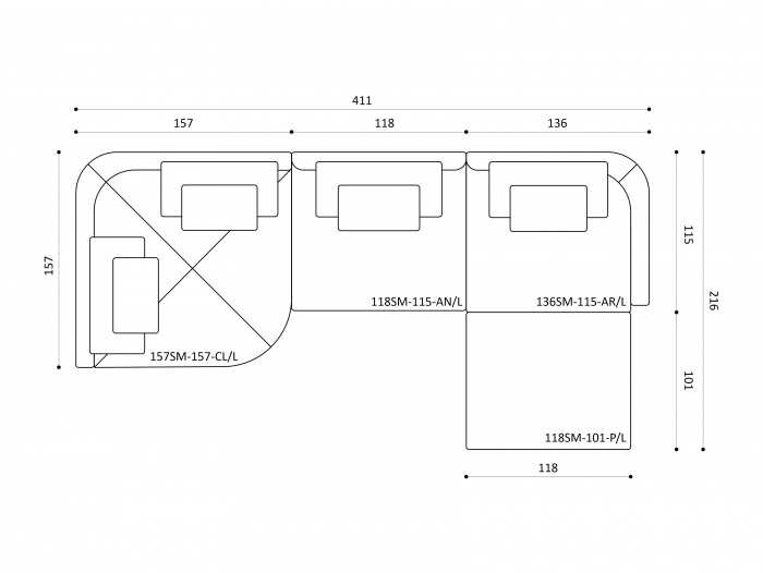 Coltar cu Sezlong Smooth Modular Personalizabil 411x216cm Stil Contemporan Cadru Lemn Masiv Tapiterie Stofa sau Piele [6]