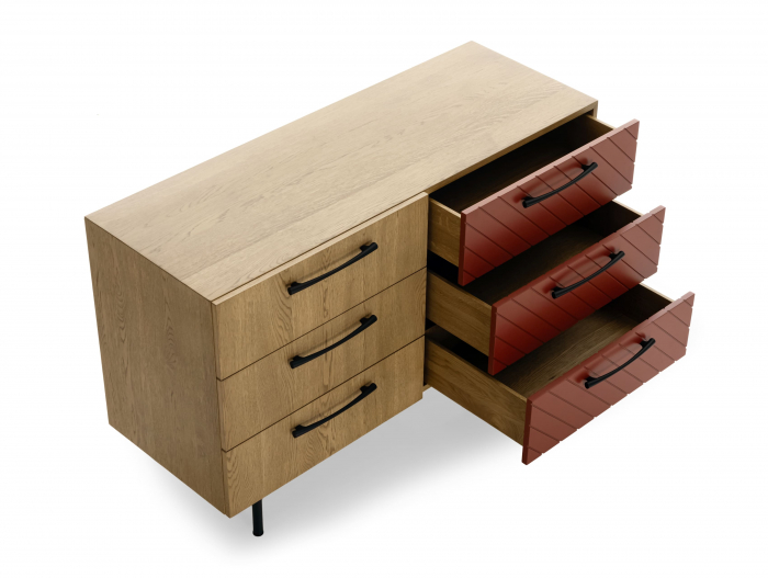 Comoda 6 sertare Galla 136cm, personalizabila, lemn de stejar, culori contrastante, picioare metalice, feronerie cu amortizare, stil contemporan [2]