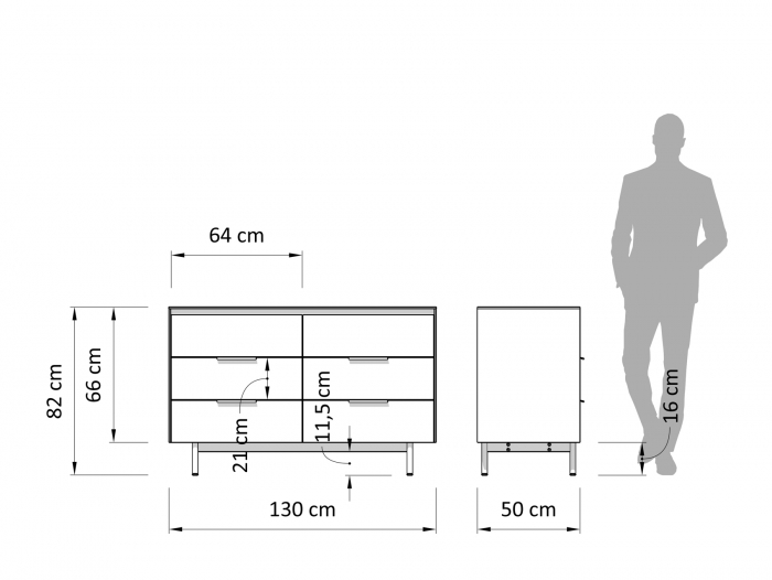 Comoda 6 sertare Linea 130cm, lemn de stejar, picioare metalice, feronerie cu amortizare, multiple finisaje disponibile, stil contemporan [4]
