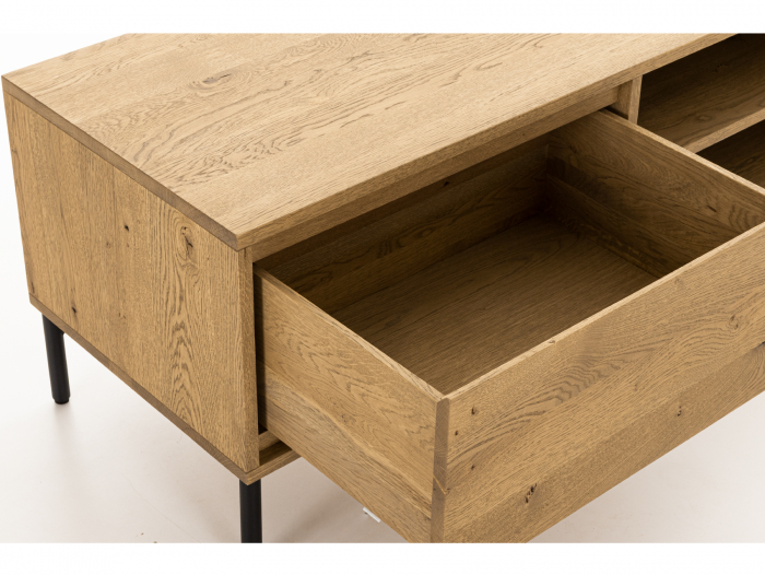 Comoda TV 2 sertare si nisa Atlas 180cm, modulara, lemn masiv de stejar, picioare metalice, feronerie cu amortizare, multiple finisaje disponibile, stil minimalist [5]